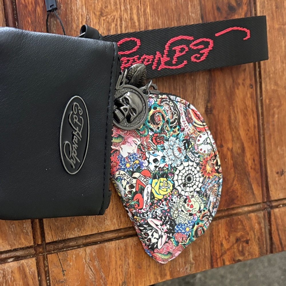 Ed Hardy Black & Multicolor Tattoo-Print Card Holder Key Pouch